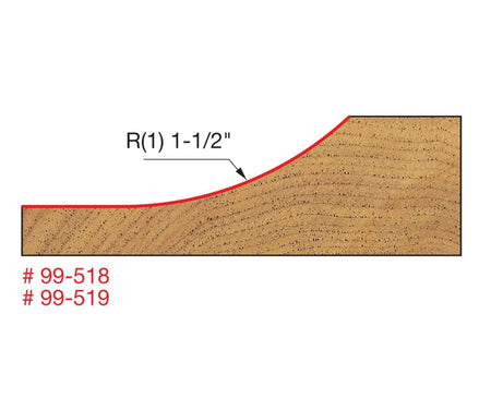 Cross-section of molding profile with 1-1/2" radius curve, labeled for Freud 99-518 and 99-519 router bits.