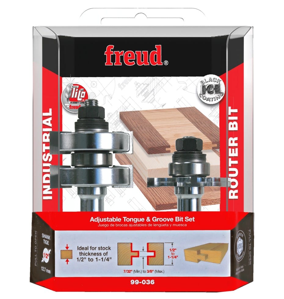 Retail packaging of Freud 99-036 Adjustable Tongue and Groove Bit Set showing two router bits with TiCo carbide tips and Silver I.C.E. coating.