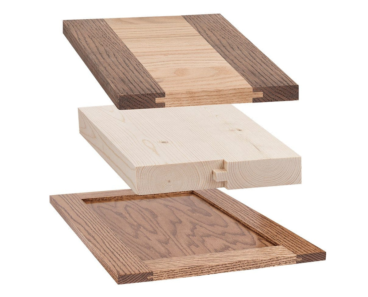 Exploded view of three cabinet door construction styles: mortise and tenon, cope and stick, and mitered frame with veneered panel, showing joint details.