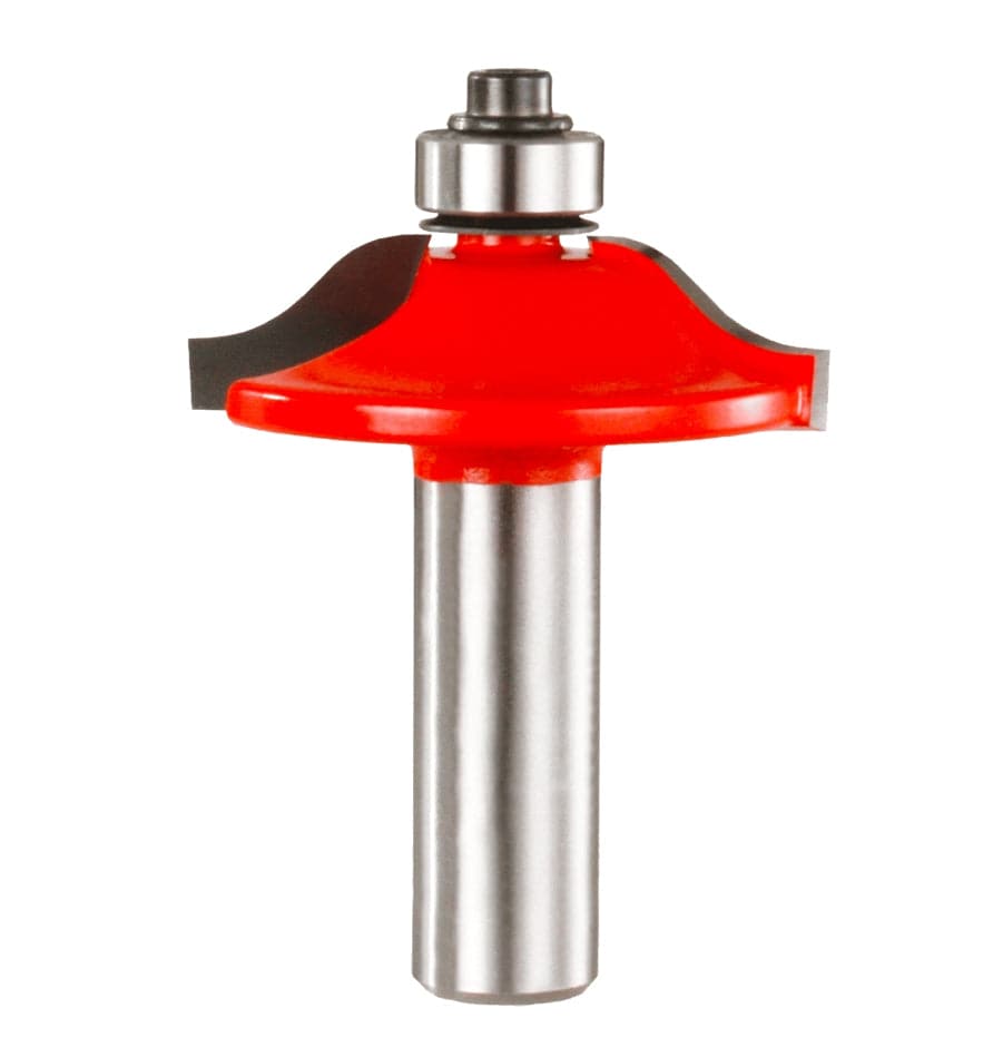 Freud router bit with red body, curved cutting edge, and bearing guide for shaping rounded wood edges.