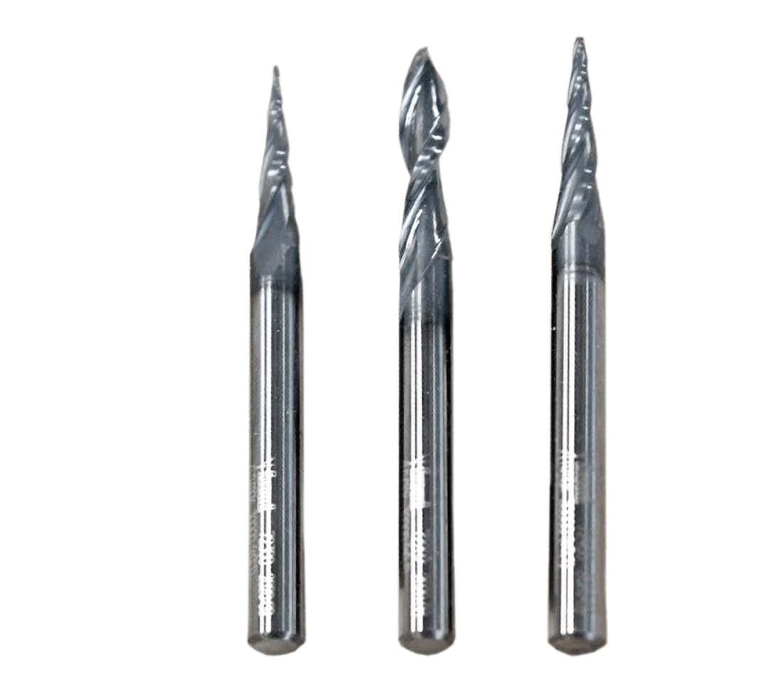 Three solid carbide CNC router bits with spiral flutes and coated finish, designed for precision carving applications.