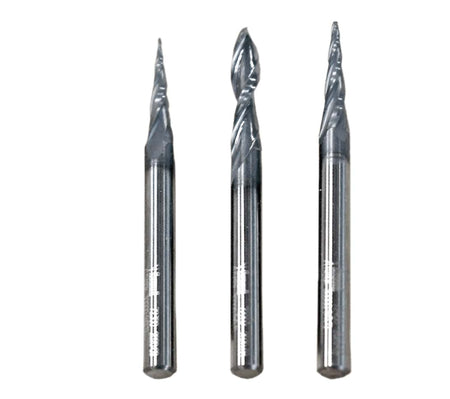 Three solid carbide CNC router bits with spiral flutes and coated finish, designed for precision carving applications.