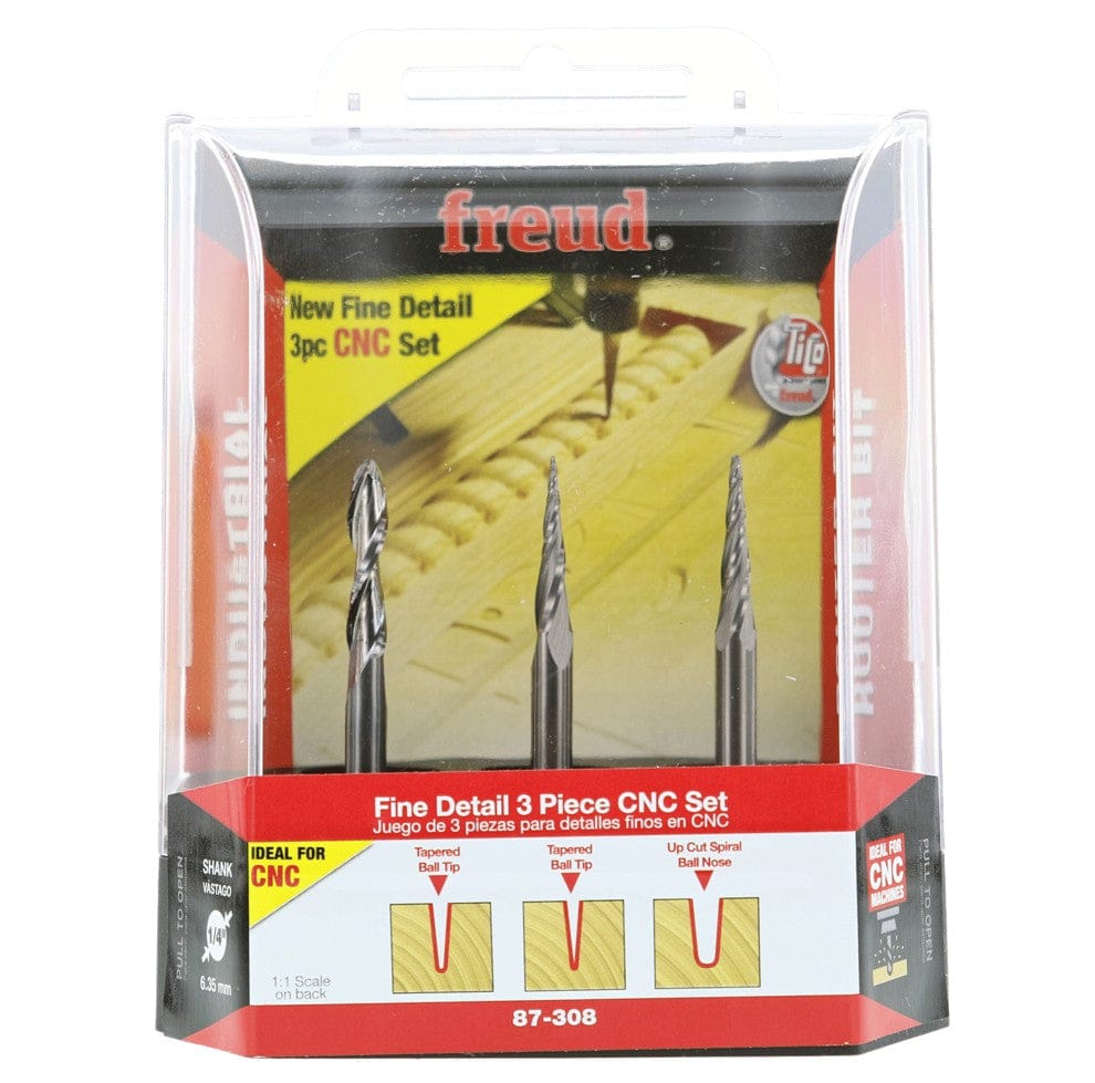 Packaged Freud 87-308 CNC router bit set with three labeled bits for fine detail carving and engraving.