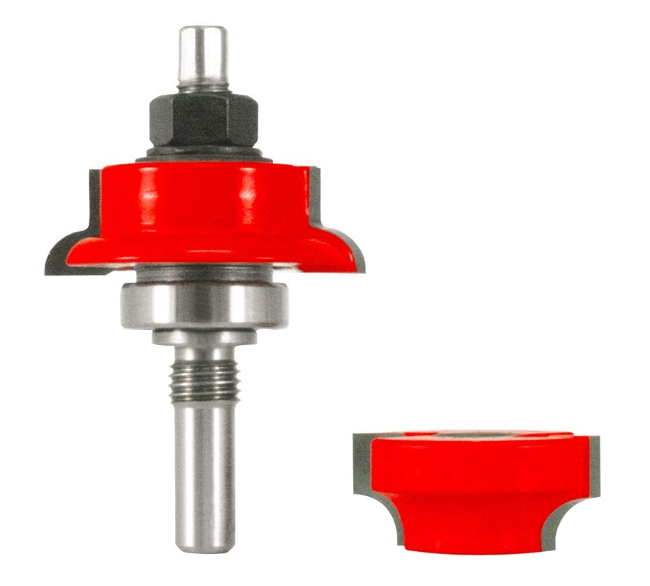 he Freud 99-860 rail and stile router bit set, showing the main bit assembly with its bearing and shank, and the separate rail cutter piece.