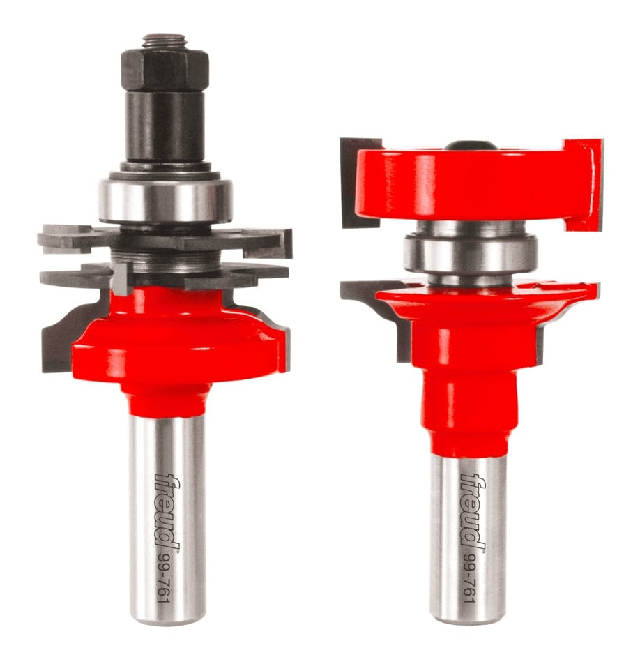 A studio image of the Freud 99-761 premier rail and stile router bit set, showing both the ogee-profile rail bit and stile bit side-by-side.