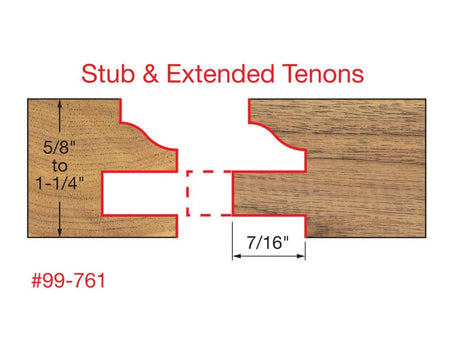 A diagram of the 99-761 ogee profile, showing its capability to create extended tenons and work with wood thickness from 5/8-inch to 1-1/4-inch.