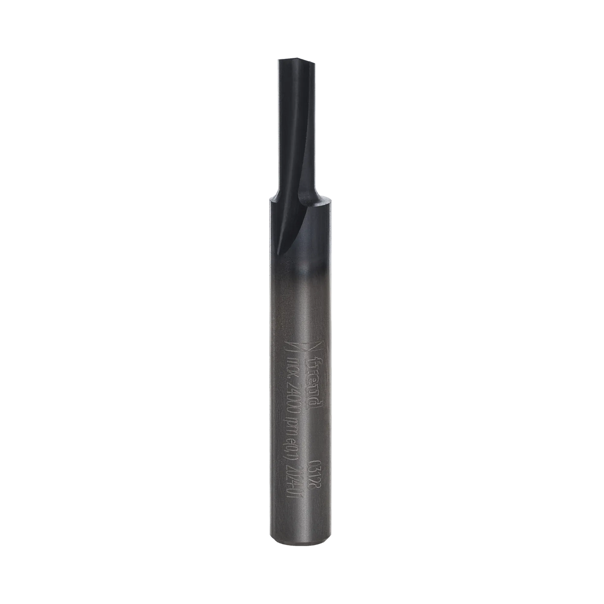 A professional studio photograph of the Freud 03-128 single flute straight router bit, showcasing its distinct Black I.C.E. industrial coating on the cutting head and a polished 1/4-inch steel shank.
