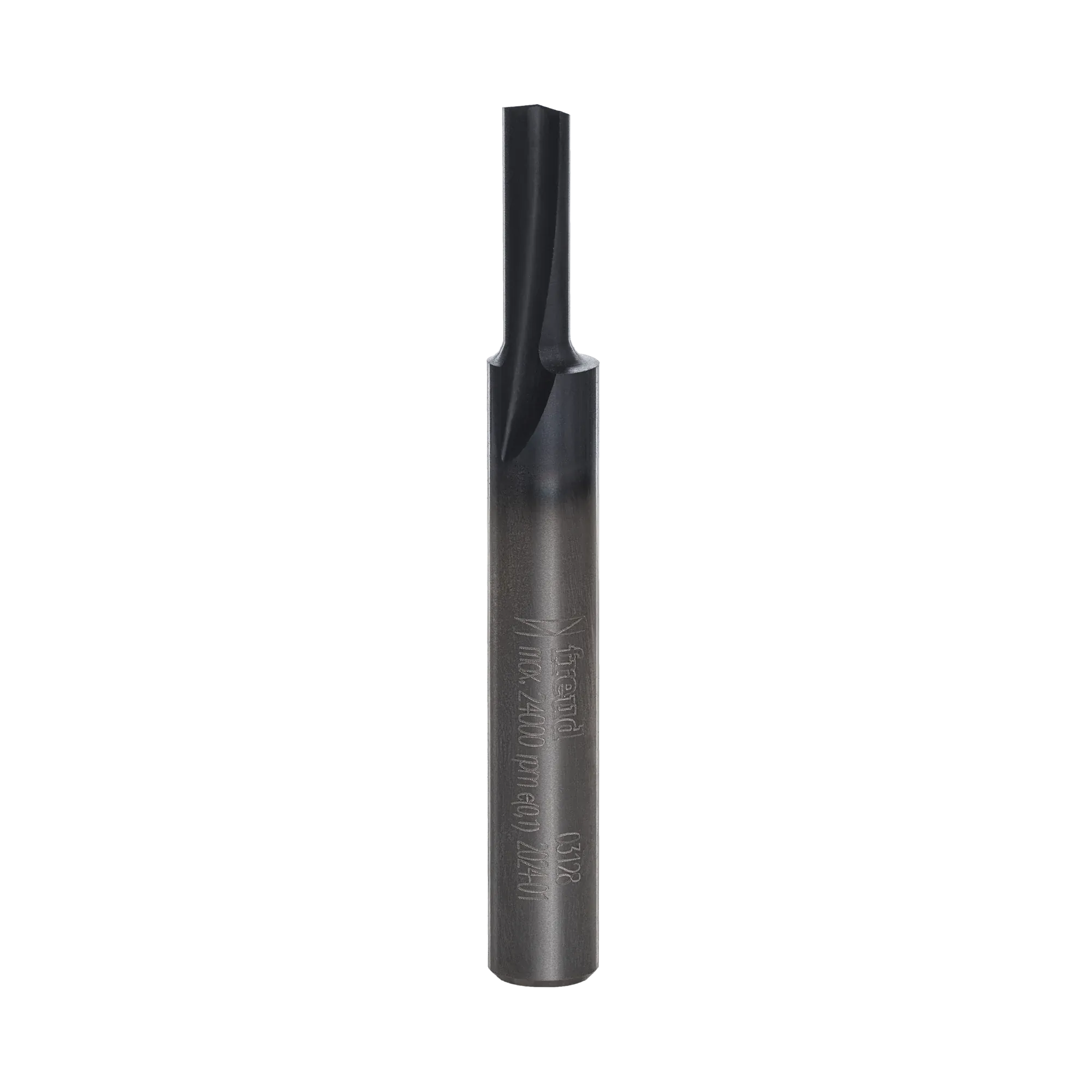A professional studio photograph of the Freud 03-128 single flute straight router bit, showcasing its distinct Black I.C.E. industrial coating on the cutting head and a polished 1/4-inch steel shank.