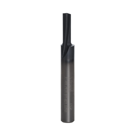 A professional studio photograph of the Freud 03-128 single flute straight router bit, showcasing its distinct Black I.C.E. industrial coating on the cutting head and a polished 1/4-inch steel shank.