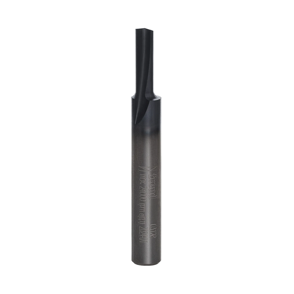 A professional studio photograph of the Freud 03-128 single flute straight router bit, showcasing its distinct Black I.C.E. industrial coating on the cutting head and a polished 1/4-inch steel shank.