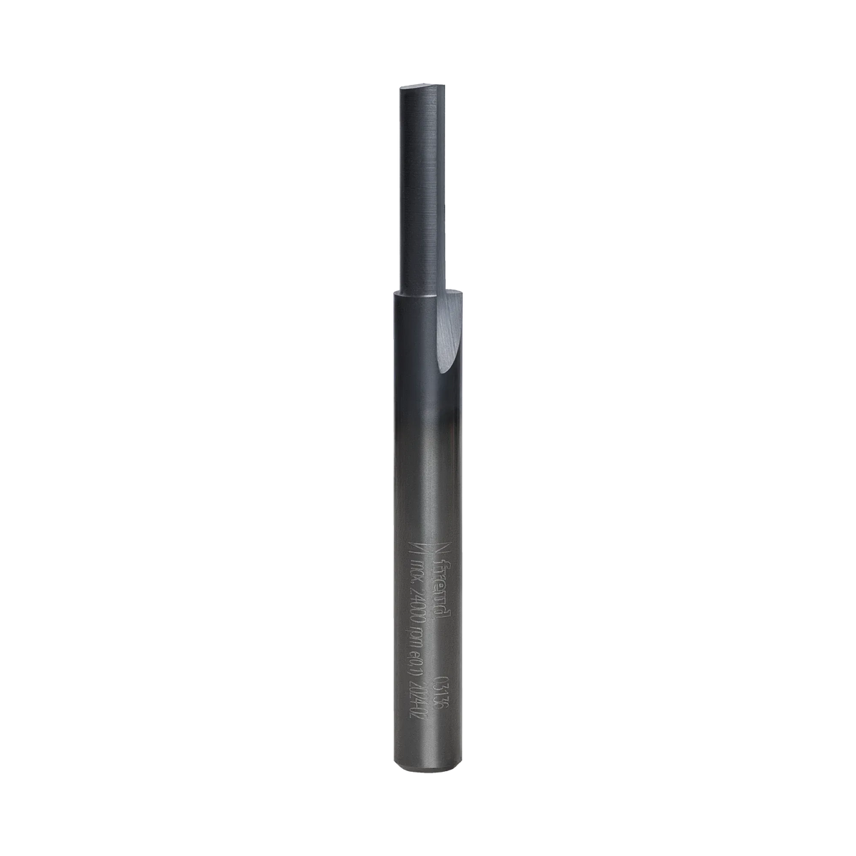 Studio product photograph of the Freud 03-136 single flute straight router bit, showing the standard silver 1/4-inch shank transitioning to the dark grey Black I.C.E. coated cutter head.