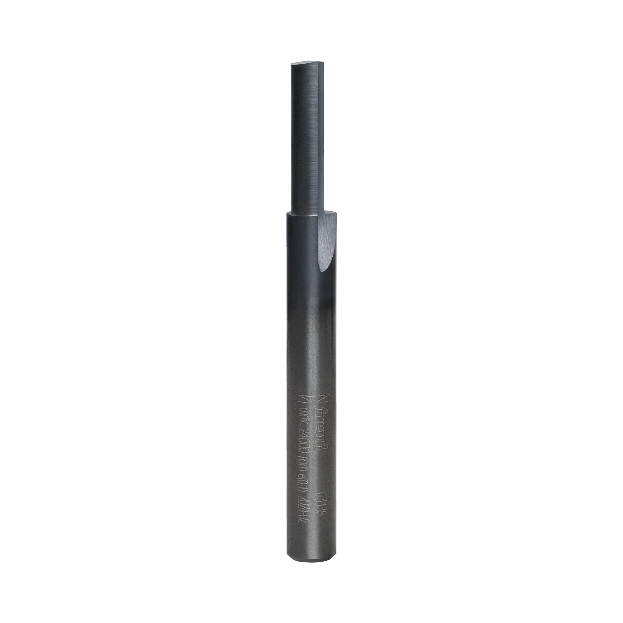 Studio product photograph of the Freud 03-136 single flute straight router bit, showing the standard silver 1/4-inch shank transitioning to the dark grey Black I.C.E. coated cutter head.