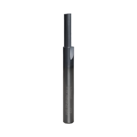 Studio product photograph of the Freud 03-136 single flute straight router bit, showing the standard silver 1/4-inch shank transitioning to the dark grey Black I.C.E. coated cutter head.