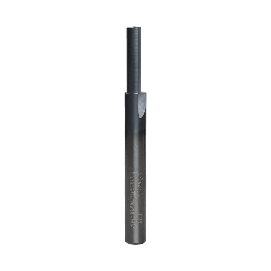 Studio product photograph of the Freud 03-136 single flute straight router bit, showing the standard silver 1/4-inch shank transitioning to the dark grey Black I.C.E. coated cutter head.