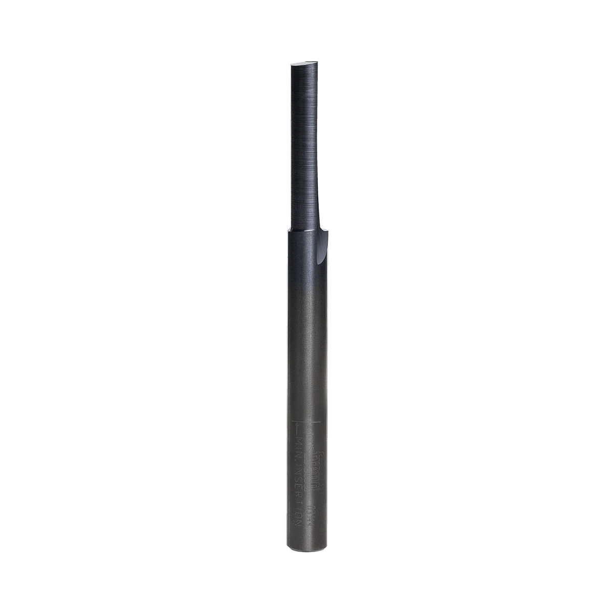 Studio product shot of the Freud 03-144 single flute straight router bit, featuring a long silver 1/4-inch shank and a dark grey Black I.C.E. coated cutting head.