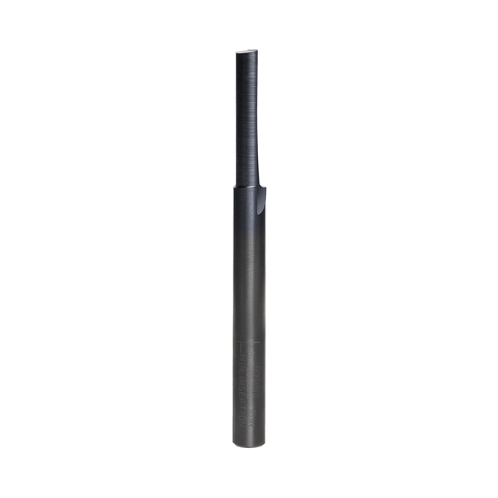 Studio product shot of the Freud 03-144 single flute straight router bit, featuring a long silver 1/4-inch shank and a dark grey Black I.C.E. coated cutting head.