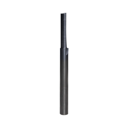 Studio product shot of the Freud 03-144 single flute straight router bit, featuring a long silver 1/4-inch shank and a dark grey Black I.C.E. coated cutting head.