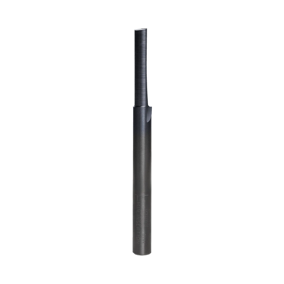 Studio product shot of the Freud 03-144 single flute straight router bit, featuring a long silver 1/4-inch shank and a dark grey Black I.C.E. coated cutting head.
