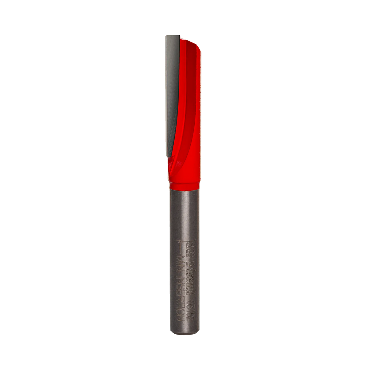 A studio product photograph of the Freud 03-152 single flute straight router bit, showcasing its solid carbide construction, sharp silver cutting edge, and polished 1/4 inch steel shank.