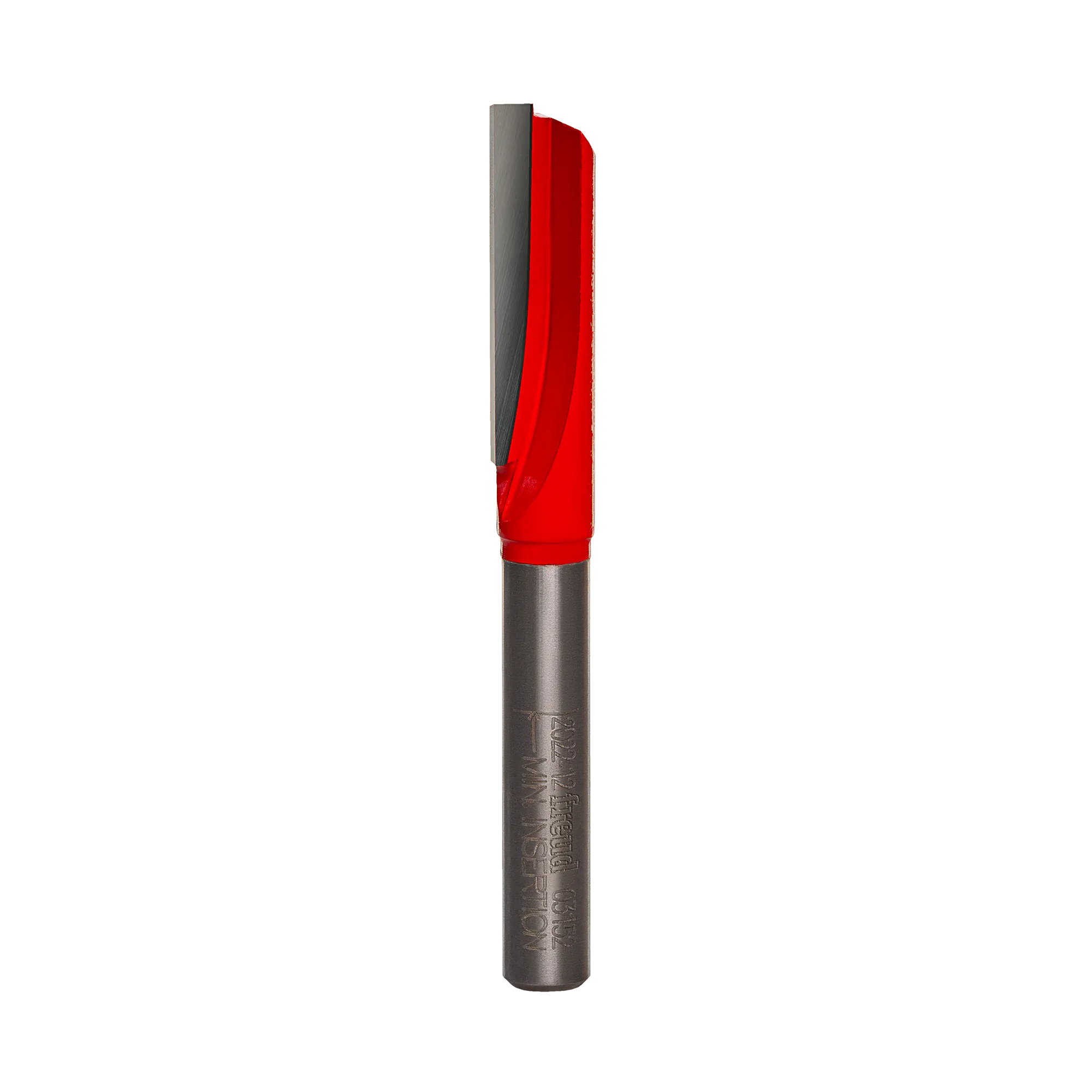 A studio product photograph of the Freud 03-152 single flute straight router bit, showcasing its solid carbide construction, sharp silver cutting edge, and polished 1/4 inch steel shank.