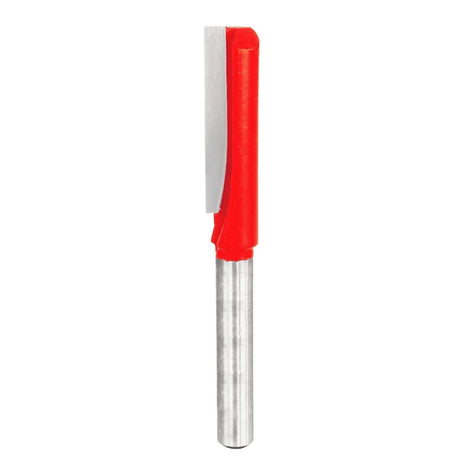 A studio product view of the Freud 03-156 single flute straight router bit, featuring a long, bright red head with a sharp silver carbide cutting edge and a polished 1/4 inch steel shank.