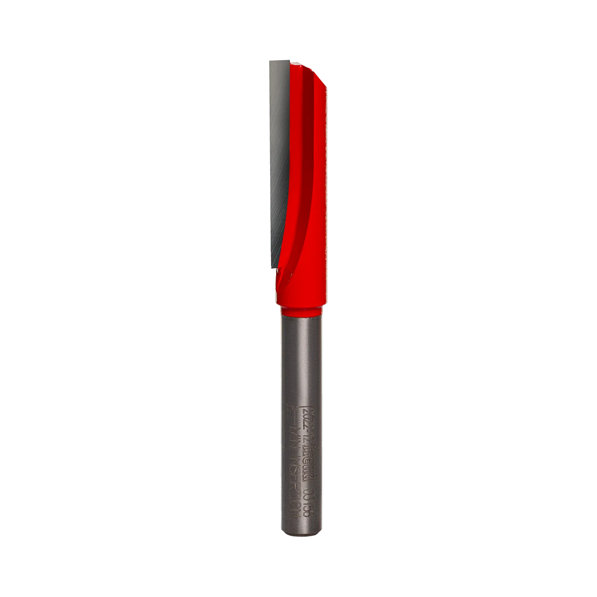A studio product view of the Freud 03-156 single flute straight router bit, featuring a long, bright red head with a sharp silver carbide cutting edge and a polished 1/4 inch steel shank.