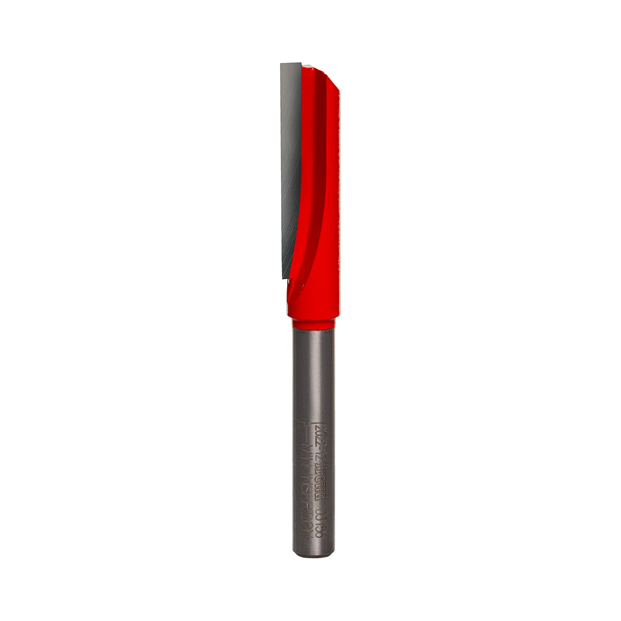 A studio product view of the Freud 03-156 single flute straight router bit, featuring a long, bright red head with a sharp silver carbide cutting edge and a polished 1/4 inch steel shank.
