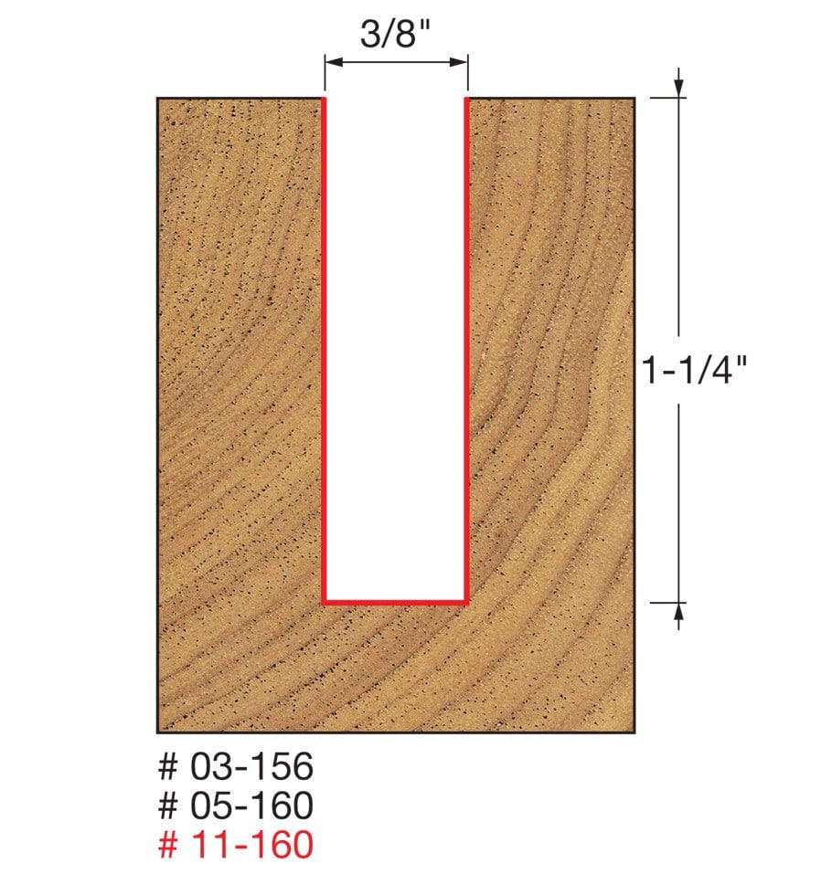 A technical diagram illustrating a cross-section of a deep straight cut in wood, with specific dimensions labeled as 3/8 of an inch wide and 1-1/4 inches deep for the Freud 03-156 bit.