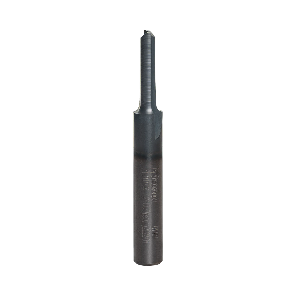 Studio product shot of the Freud 04-101 double flute straight router bit, featuring a silver 1/4-inch shank and a dark grey Black I.C.E. coated cutter head.