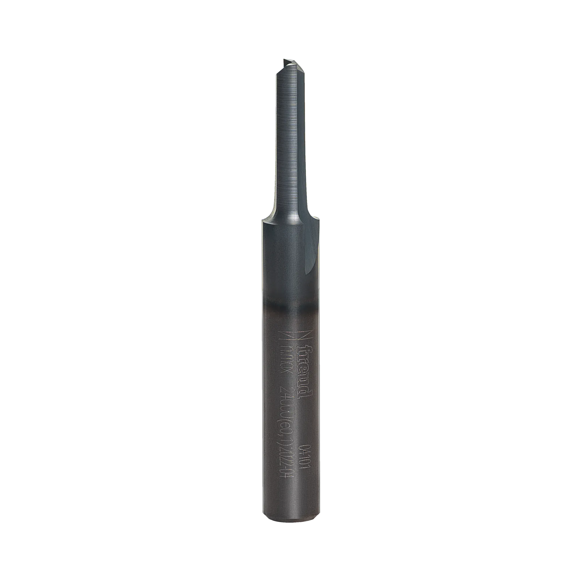 Studio product shot of the Freud 04-101 double flute straight router bit, featuring a silver 1/4-inch shank and a dark grey Black I.C.E. coated cutter head.