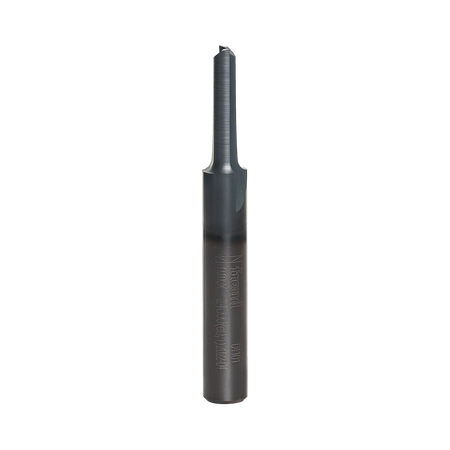 Studio product shot of the Freud 04-101 double flute straight router bit, featuring a silver 1/4-inch shank and a dark grey Black I.C.E. coated cutter head.