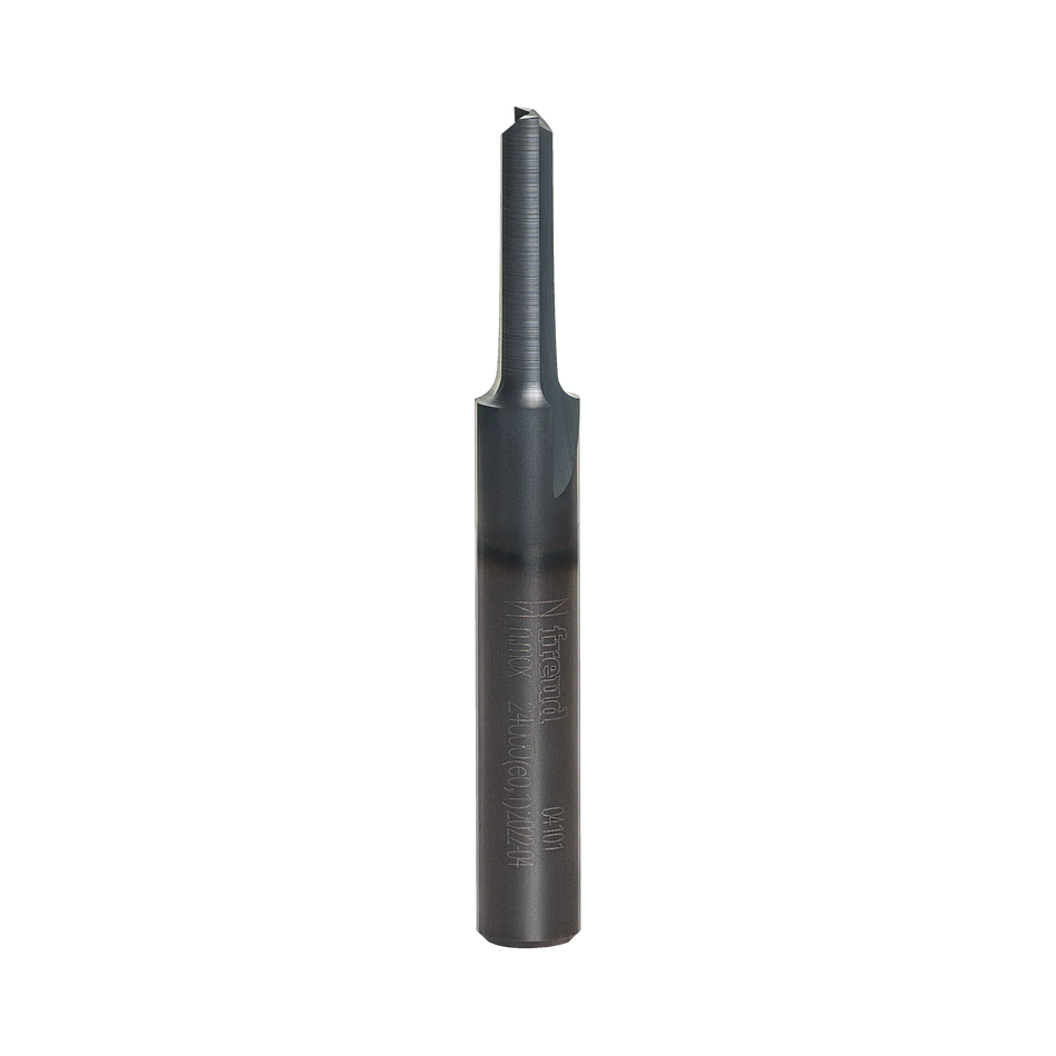Studio product shot of the Freud 04-101 double flute straight router bit, featuring a silver 1/4-inch shank and a dark grey Black I.C.E. coated cutter head.