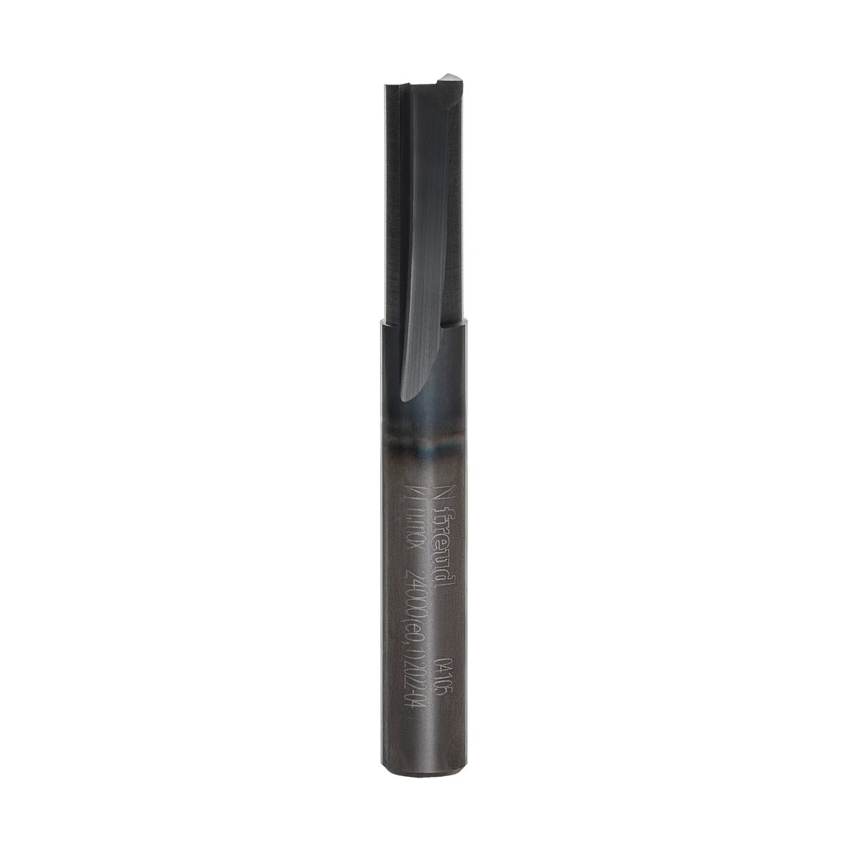 Studio product shot of the Freud 04-105 double flute straight router bit, featuring a solid silver carbide composition and a 1/4-inch shank.