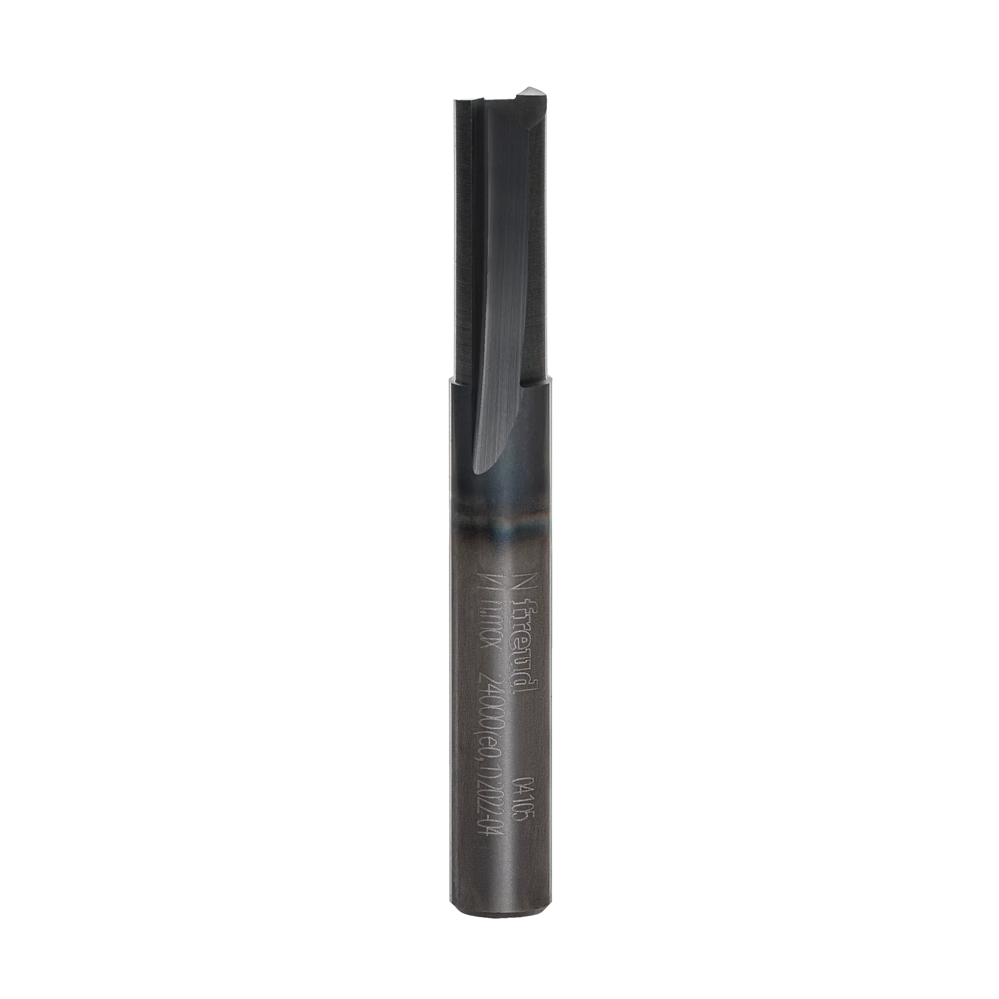 Studio product shot of the Freud 04-105 double flute straight router bit, featuring a solid silver carbide composition and a 1/4-inch shank.
