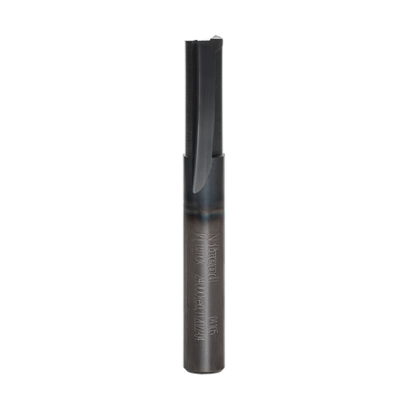 Studio product shot of the Freud 04-105 double flute straight router bit, featuring a solid silver carbide composition and a 1/4-inch shank.