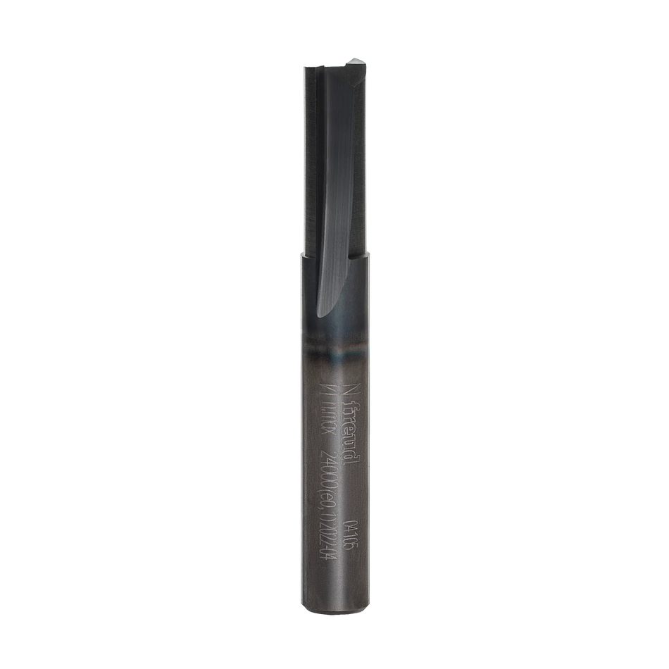 Studio product shot of the Freud 04-105 double flute straight router bit, featuring a solid silver carbide composition and a 1/4-inch shank.