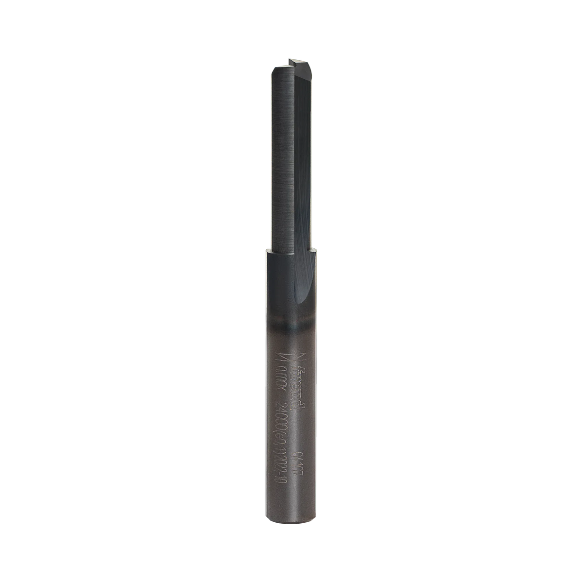 Studio product shot of the Freud 04-107 double flute straight router bit, featuring a silver 1/4-inch shank and a dark grey Black I.C.E. coated cutter head.