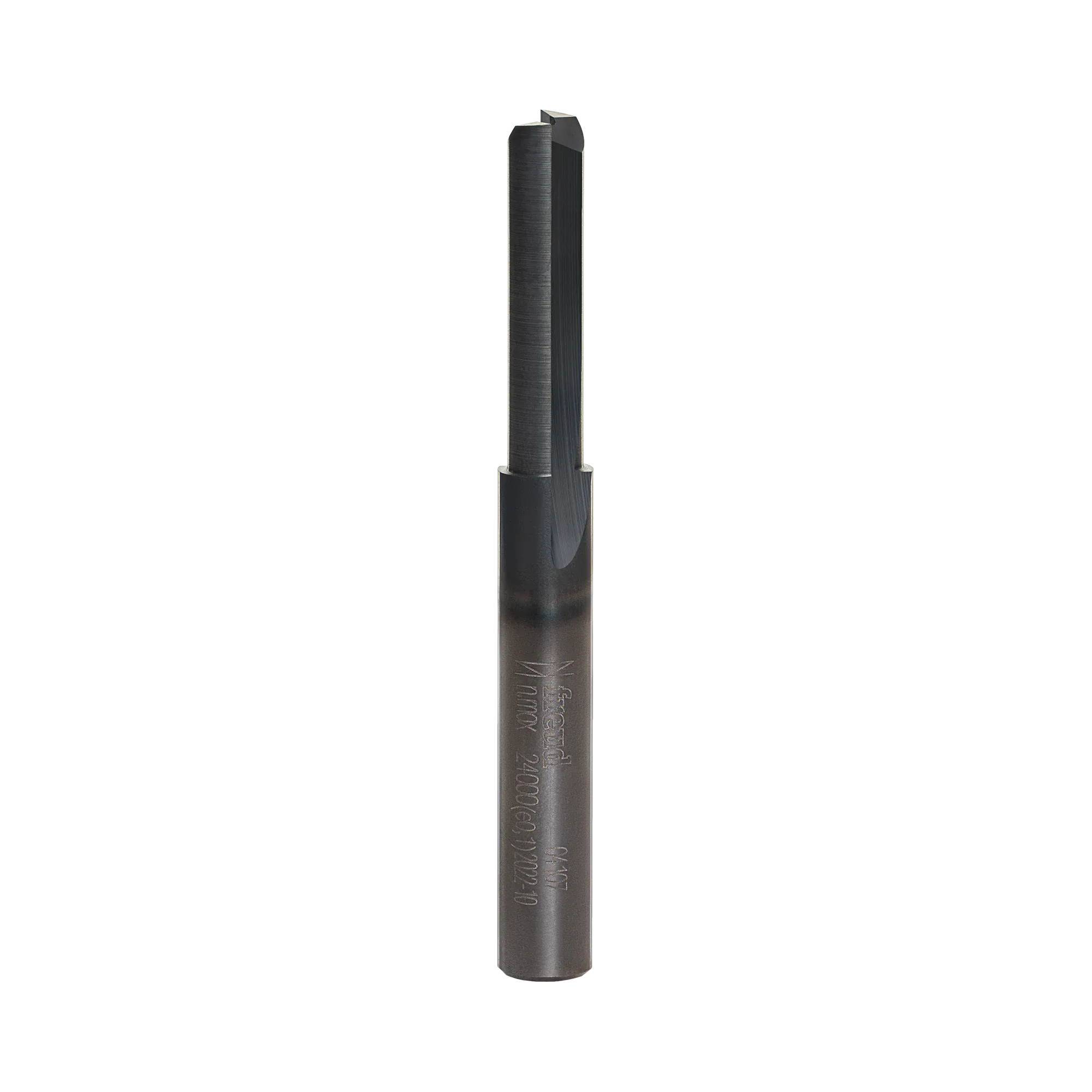 Studio product shot of the Freud 04-107 double flute straight router bit, featuring a silver 1/4-inch shank and a dark grey Black I.C.E. coated cutter head.