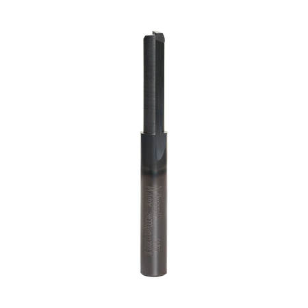 Studio product shot of the Freud 04-107 double flute straight router bit, featuring a silver 1/4-inch shank and a dark grey Black I.C.E. coated cutter head.