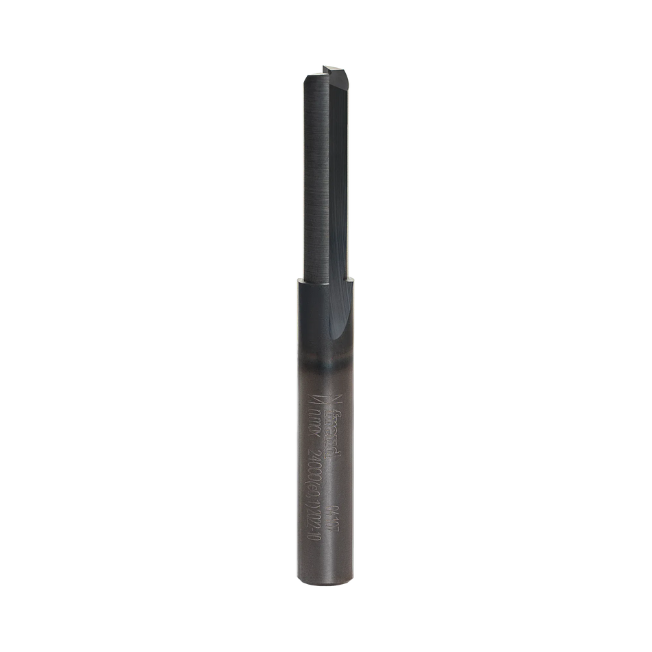 Studio product shot of the Freud 04-107 double flute straight router bit, featuring a silver 1/4-inch shank and a dark grey Black I.C.E. coated cutter head.