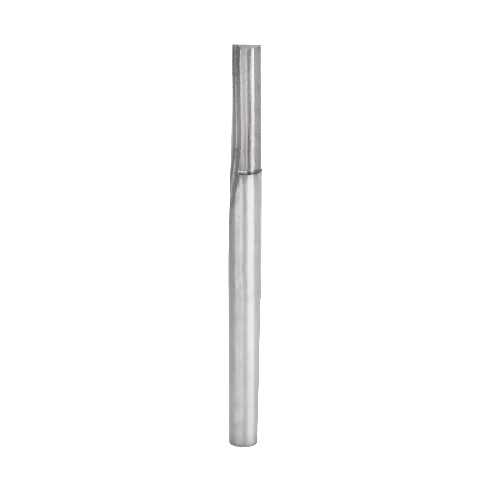 Studio product shot of the Freud 04-109 double flute straight router bit, featuring a 1/4-inch shank and a long straight cutting head.