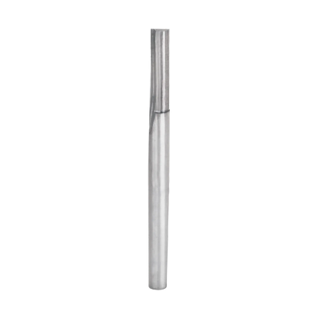 Studio product shot of the Freud 04-109 double flute straight router bit, featuring a 1/4-inch shank and a long straight cutting head.