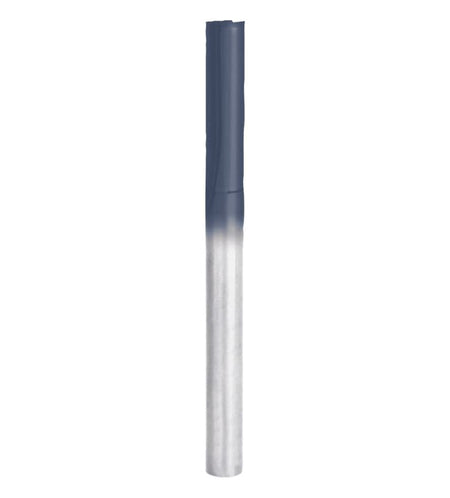 Studio product shot of the Freud 04-110 double flute straight router bit, featuring a silver 1/4-inch shank and a dark grey Black I.C.E. coated cutter head.
