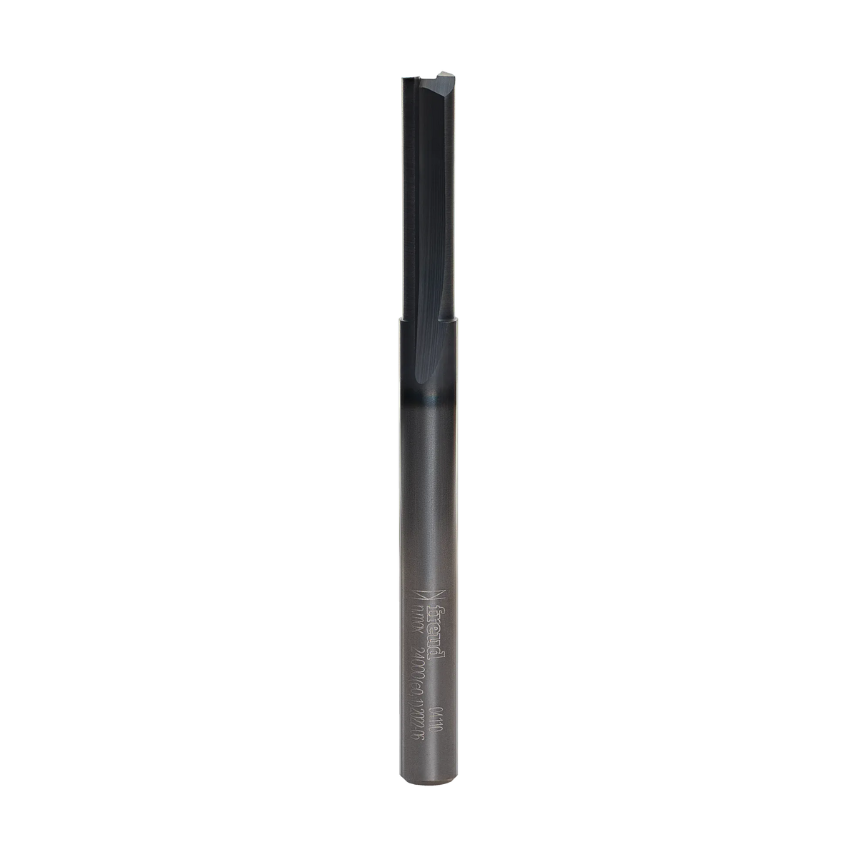 Studio product shot of the Freud 04-110 double flute straight router bit, featuring a silver 1/4-inch shank and a dark grey Black I.C.E. coated cutter head.