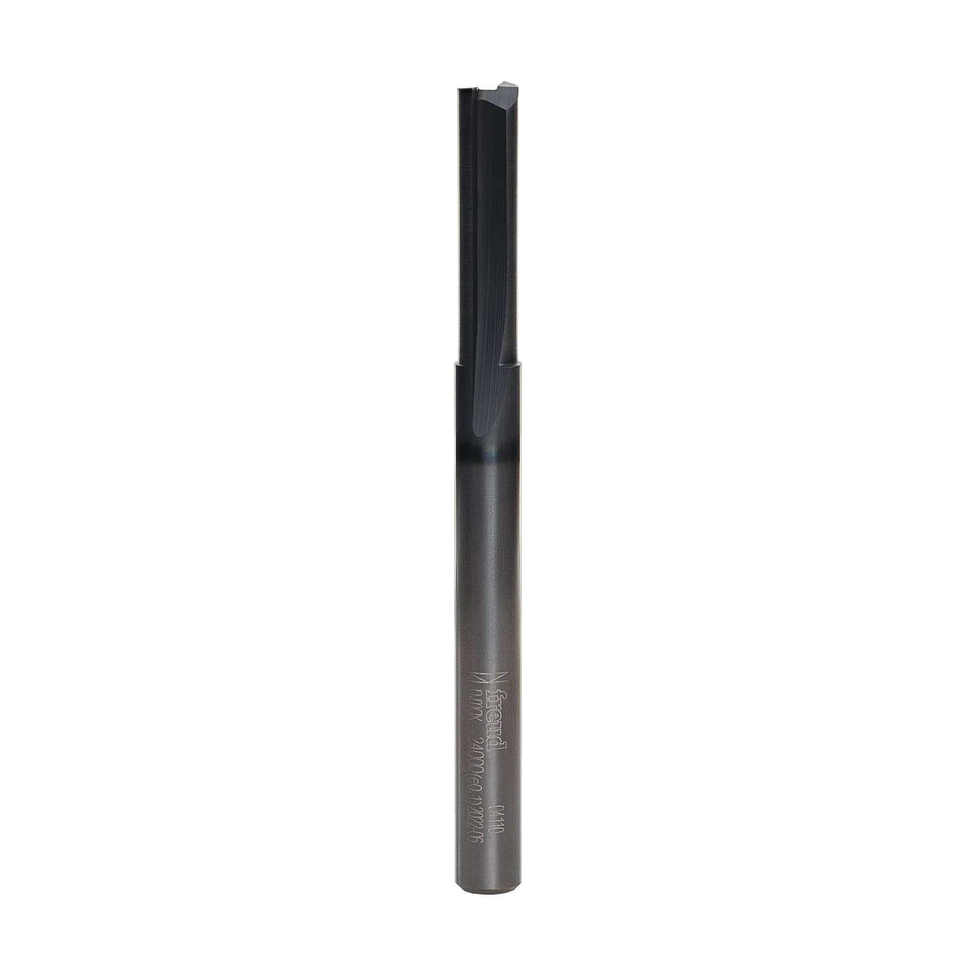 Studio product shot of the Freud 04-110 double flute straight router bit, featuring a silver 1/4-inch shank and a dark grey Black I.C.E. coated cutter head.