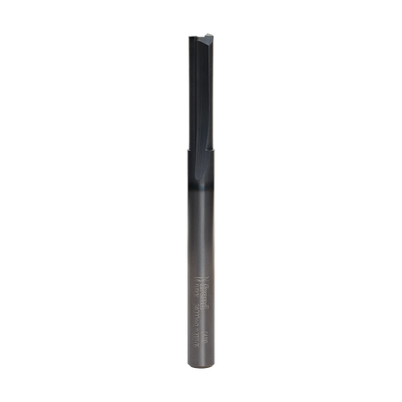 Studio product shot of the Freud 04-110 double flute straight router bit, featuring a silver 1/4-inch shank and a dark grey Black I.C.E. coated cutter head.