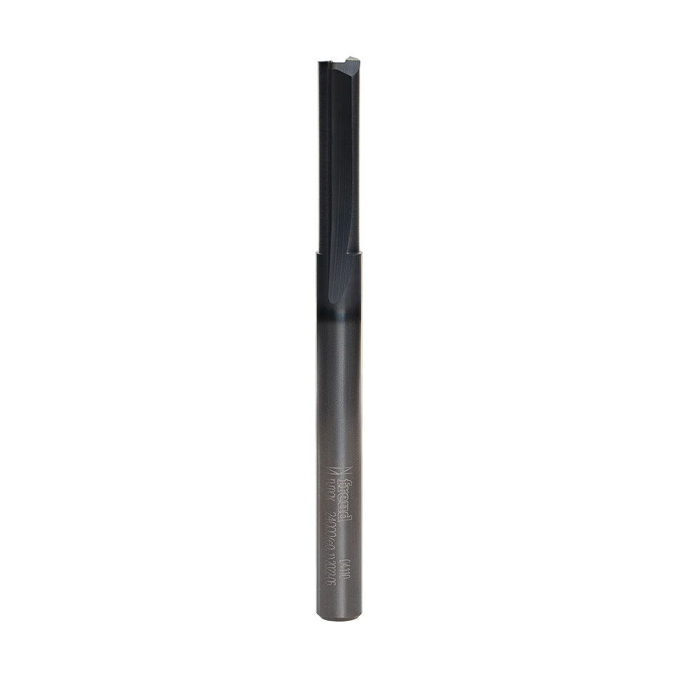 Studio product shot of the Freud 04-110 double flute straight router bit, featuring a silver 1/4-inch shank and a dark grey Black I.C.E. coated cutter head.