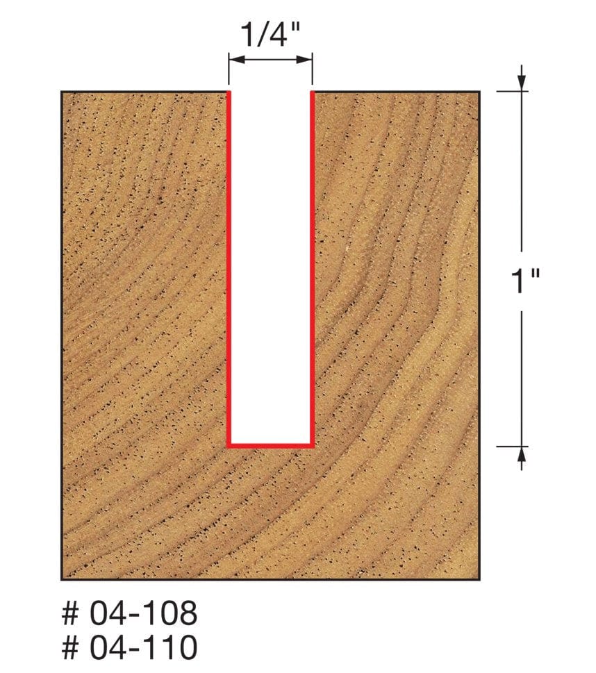Technical diagram showing a cross-section of a wood cut, indicating a slot width of 1/4 inch and a cutting depth of 1 inch for model numbers 04-108 and 04-110.