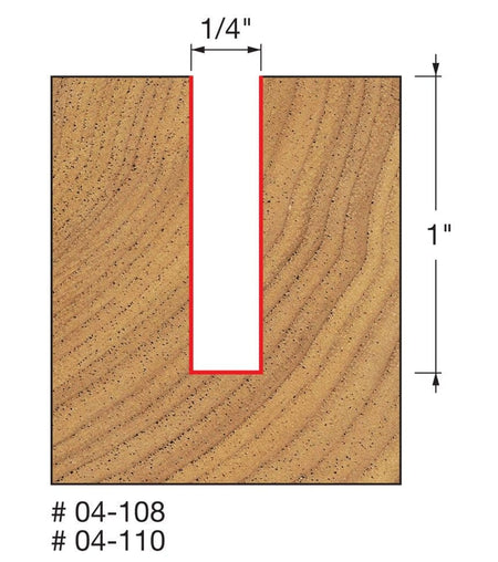 Technical diagram showing a cross-section of a wood cut, indicating a slot width of 1/4 inch and a cutting depth of 1 inch for model numbers 04-108 and 04-110.