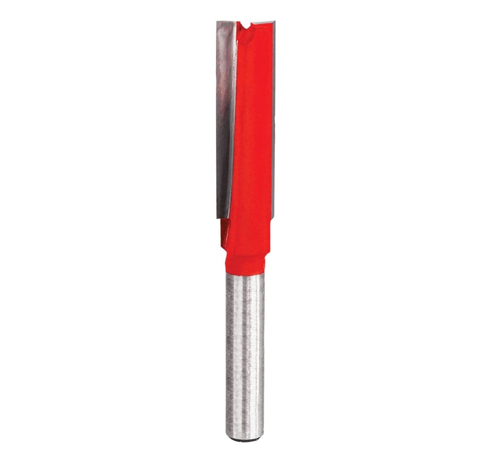 Studio product shot of the Freud 04-126 double flute straight router bit, showing the standard 1/4-inch silver shank and the red Perma-SHIELD coated cutter head with two carbide flutes.